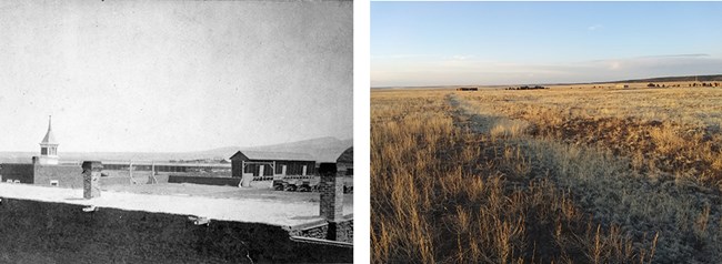 On left, 2-story building with cupola; on right, single-track of wagon ruts with fort ruins in background