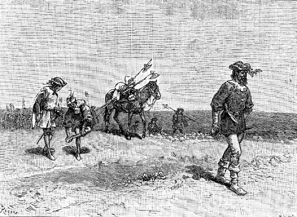 Four Spanish conquistadors traveling with a horse