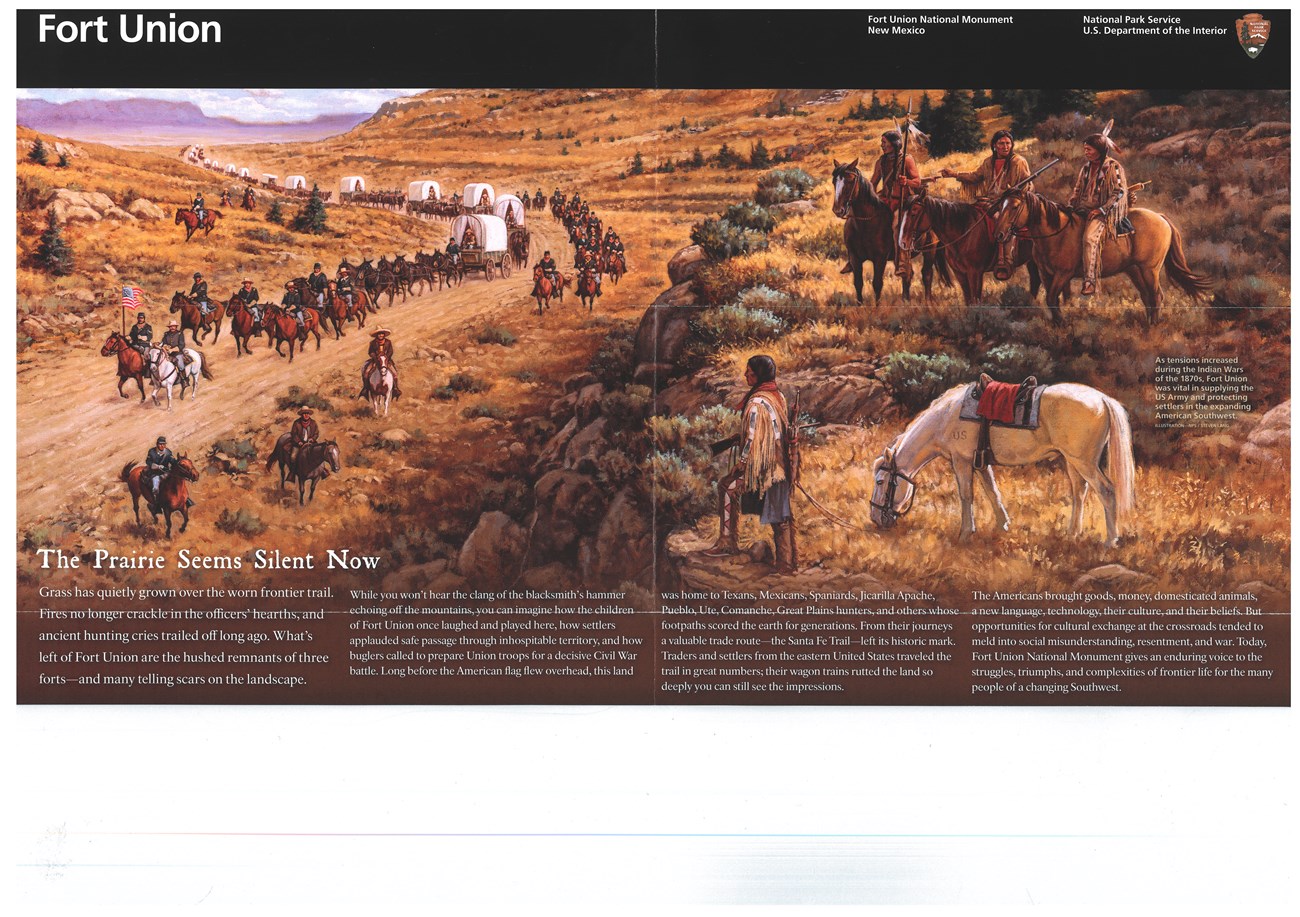 Painting of Jicarilla Apaches mounted on horseback overlooking a U.S. Army wagon train