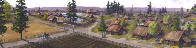 Artists rendering of a bird's-eye view of the east end of the Village looking east to west. Image includes several buildings, dirt roads, and figures.