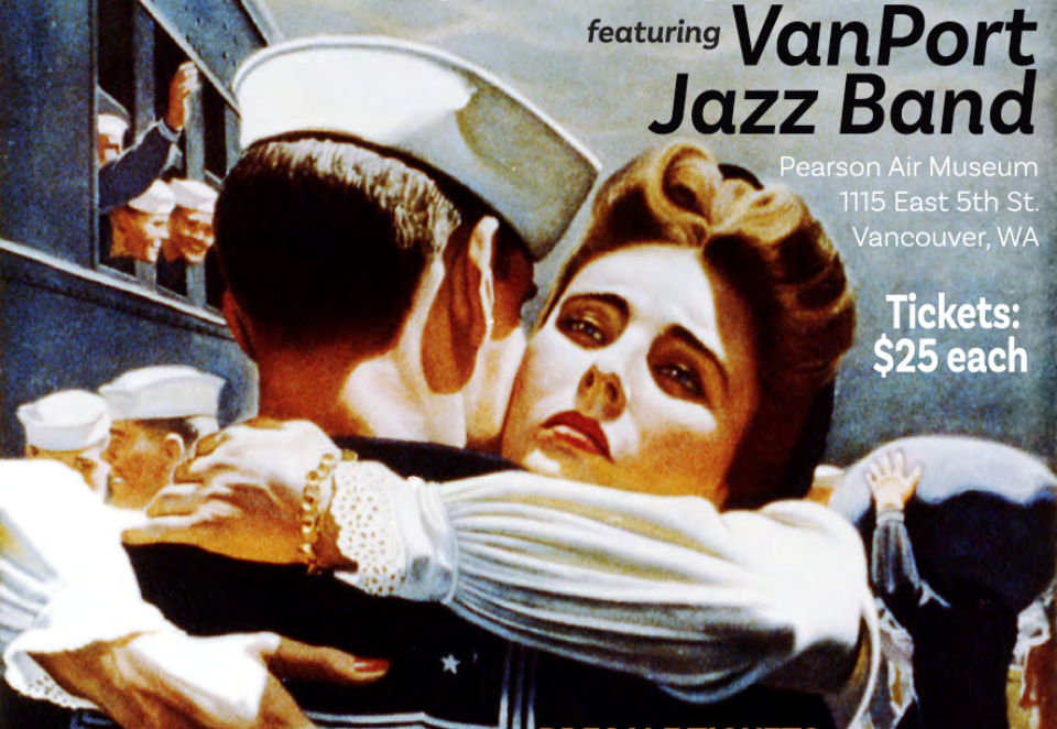 1940's illustration of Sailor and woman hugging with text about the VanPort Jazz Band