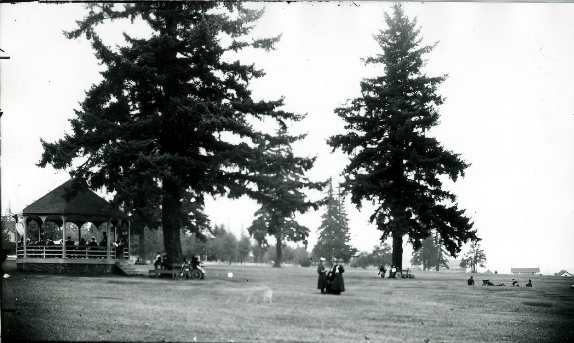 A black and white photo of the Vancouver Barracks Parade Ground and Bandstand.