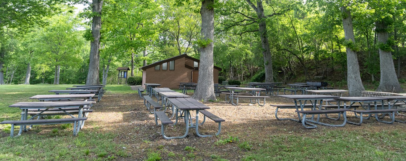 Picnic tables near a restroom in a wooded park setting.