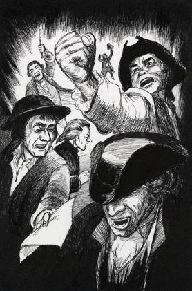 Angry men in tricorn hats including one man shaking his fist