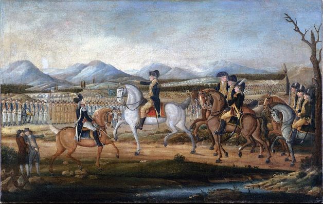 President Washington rides a white horse while he reviews lines of militia troops standing to the side.