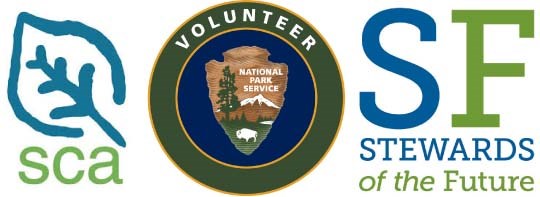 Logos for Student Conservation Association, NPS Volunteers-In-Parks, and Stewards of the Future