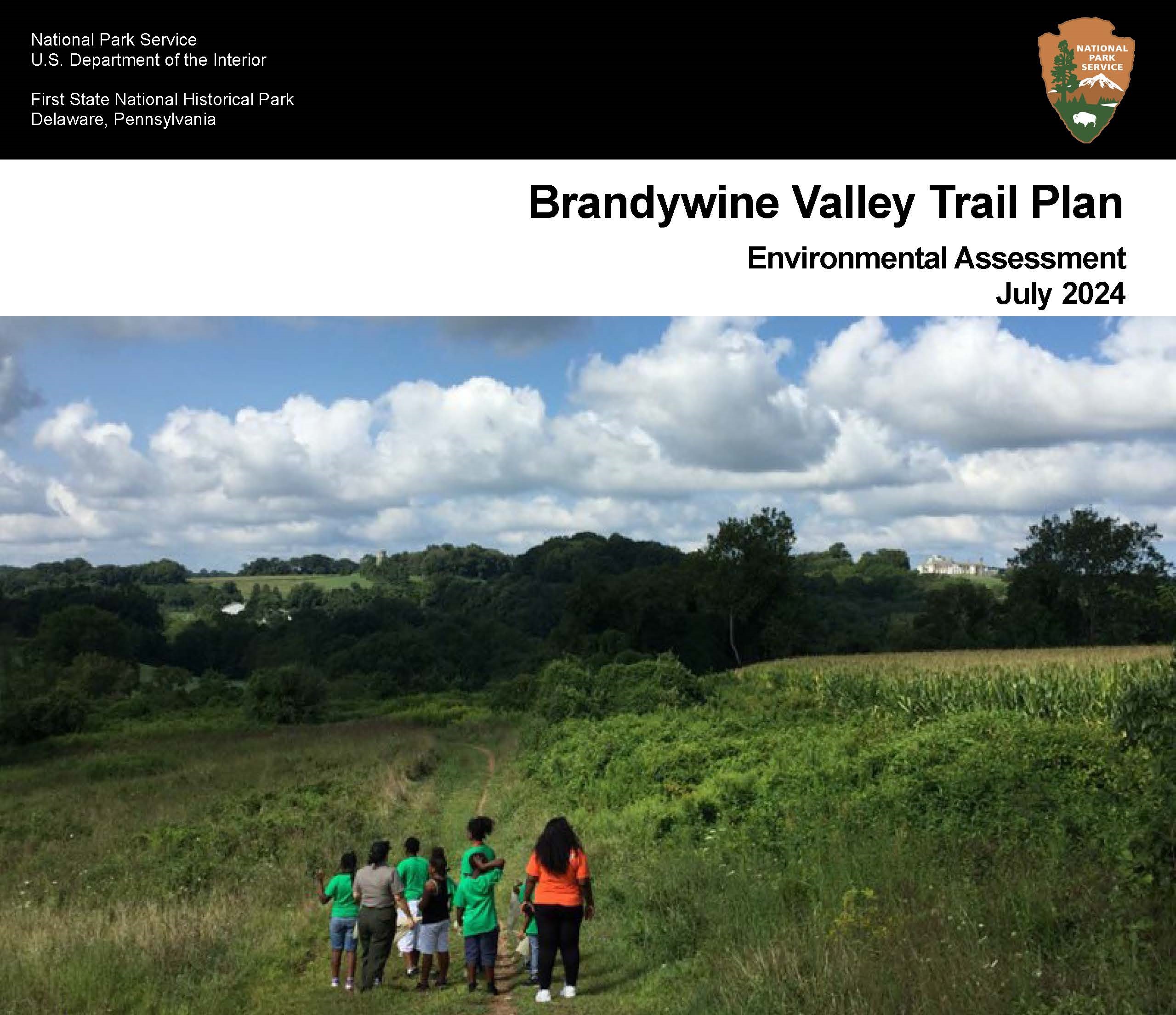 Front page of the Draft Brandywine Valley Trails Management Plan has an image of a group of youth hiking.