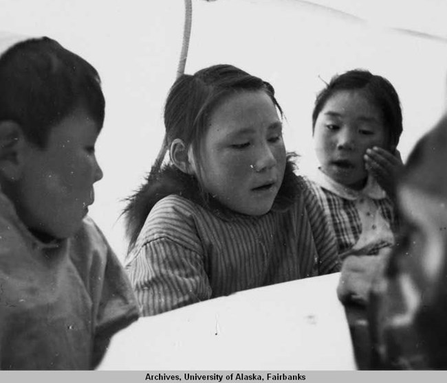 Rachel Riley as a child in 1949 at the second school event held at Tulugak Lake, soon after completing The Long Walk as an eight-year-old girl. Rachel Riley as a child, black and white photograph