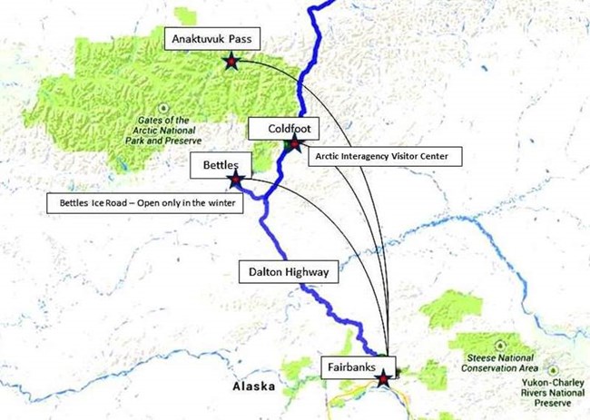 A map showing access routes to Gates of the Arctic National Park & Preserve