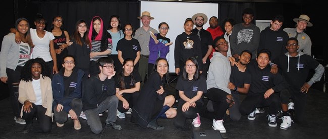 Students of Nick Kozak's art history class with park rangers at the "Taken For Grant-ed" film festival.