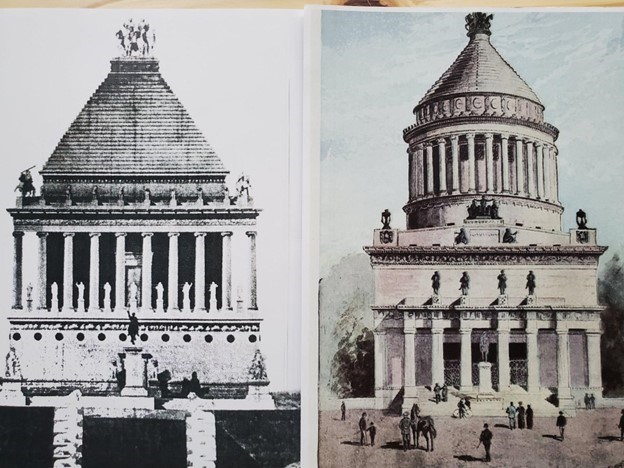 Side by side pictures of a reimagined drawing of the Mausoleum at Halicarnassus and John Duncan’s rendering of Grant’s Tomb.
