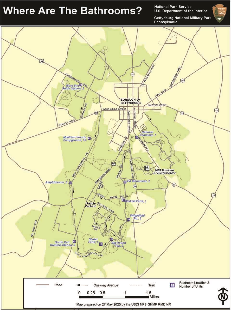 A park map that shows the locations and the numbers of portable toilets throughout the park. A park map that shows the locations and the numbers of portable toilets throughout the park.