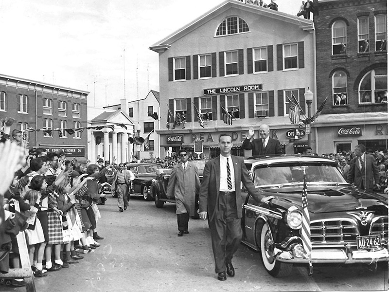 President Eisenhower greets onlookers in Lincoln Square in downtown Gettysburg, Pennsylvania.