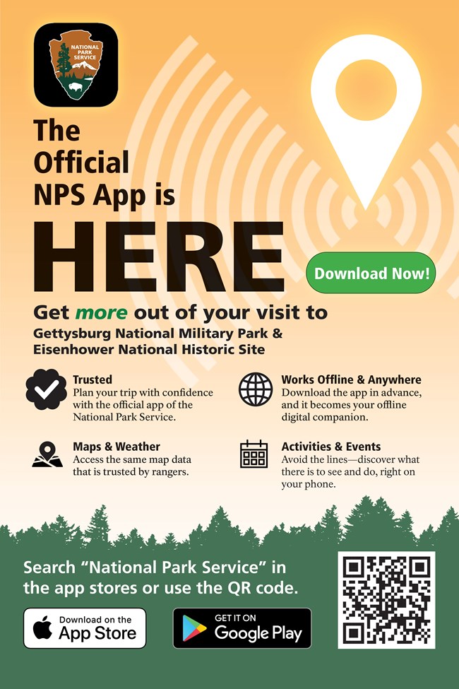 An orange and green poster describing that The Official NPS (National Park Service) App is Here. There is a large white geo-dot in the upper right corner, black text in the center, solid green tree line at the bottom.