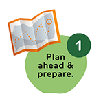 A small green circle with a 1 over a larger green circle that says "Plan Ahead and Prepare" there is a cartoon map