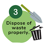 A small green circle with a number 3, a larger green cricle says "Dispose of Waste properly". There is a little cartoon shovel and a little cartoon trash can.