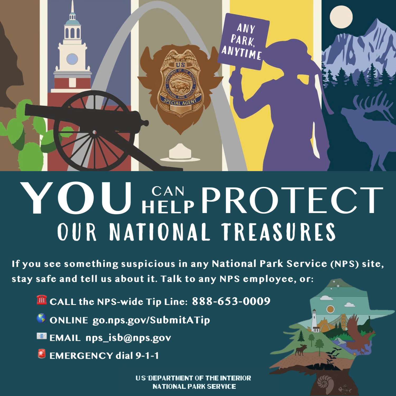 An infographic with a tall red brick clocktower, a law enforcement badge, and many silhouettes at the top with text below describing how you can help protect our national parks.