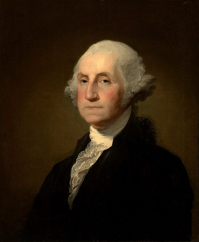 old painting of a portrait of a white man with white hair in a black dress shirt