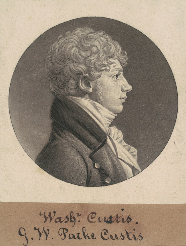 A profile drawing of a young man with curly hair with a white undershirt and dark overcoat