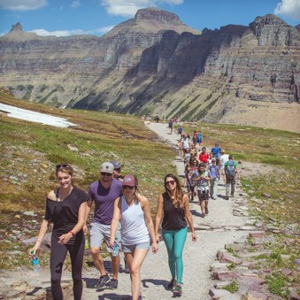 Many hikers share a mountain trail.