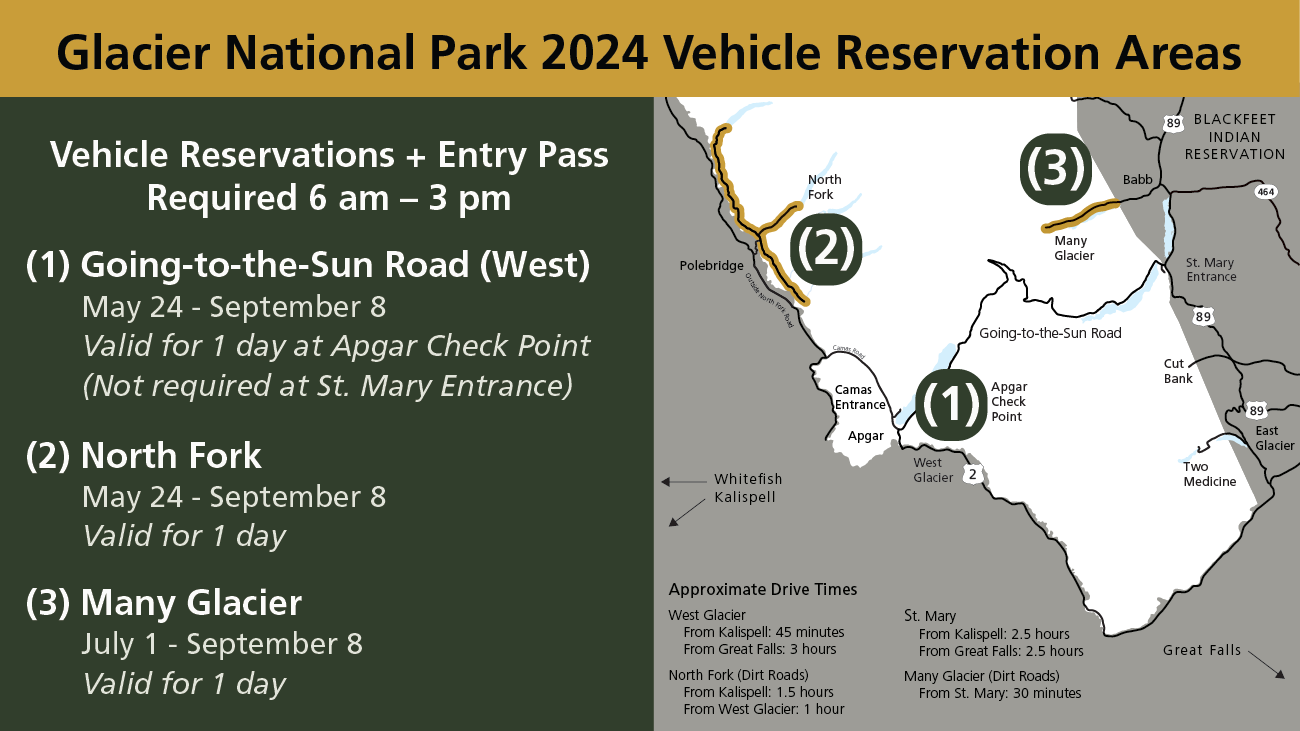 Graphic: Title Glacier National Park 2024 Vehicle Reservation Areas. Map with reservation areas highlighted. Area details provided in PR below