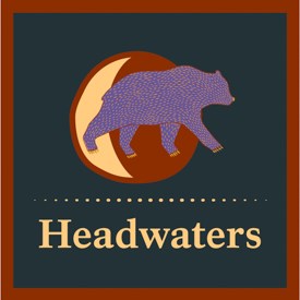 The Headwaters podcast logo of a bear and a moon in simple colors.