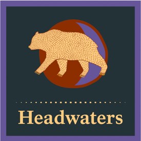 The Headwaters podcast logo of a bear and a moon in simple colors.