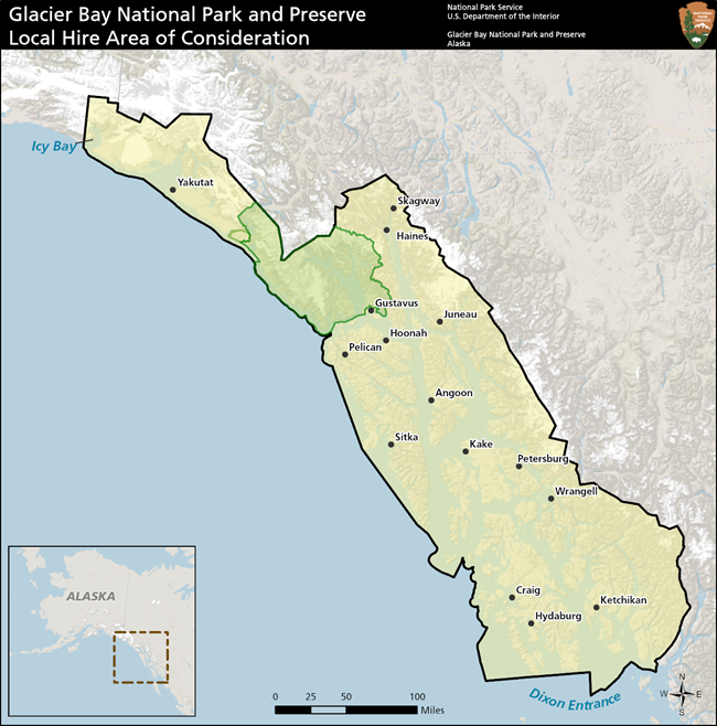 Map showing the local hire area for Glacier Bay National Park. Select communities are marked on the map, the highlighted area includes Southeast Alaska from the northern extent at Icy Bay, near Yakutat, through Dixon Entrance at the southern end.