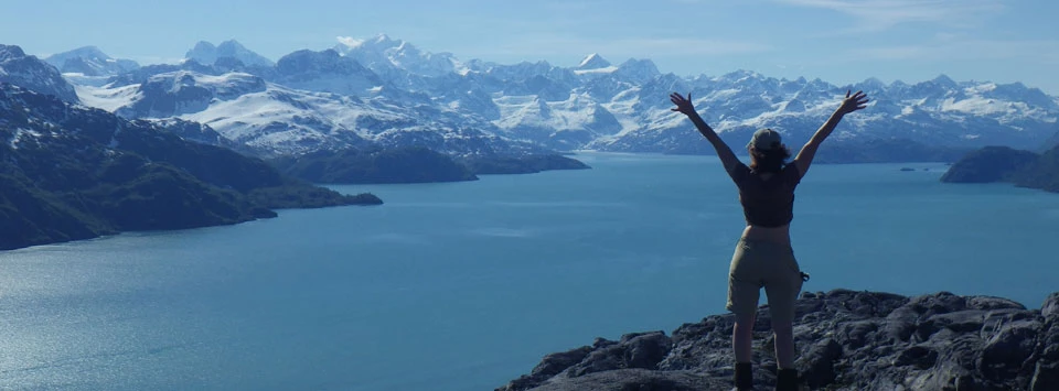 A vast wilderness Person stands on a rock overlooking a large blue bay of water with huge snowcapped mountains rising from the water beyond them.