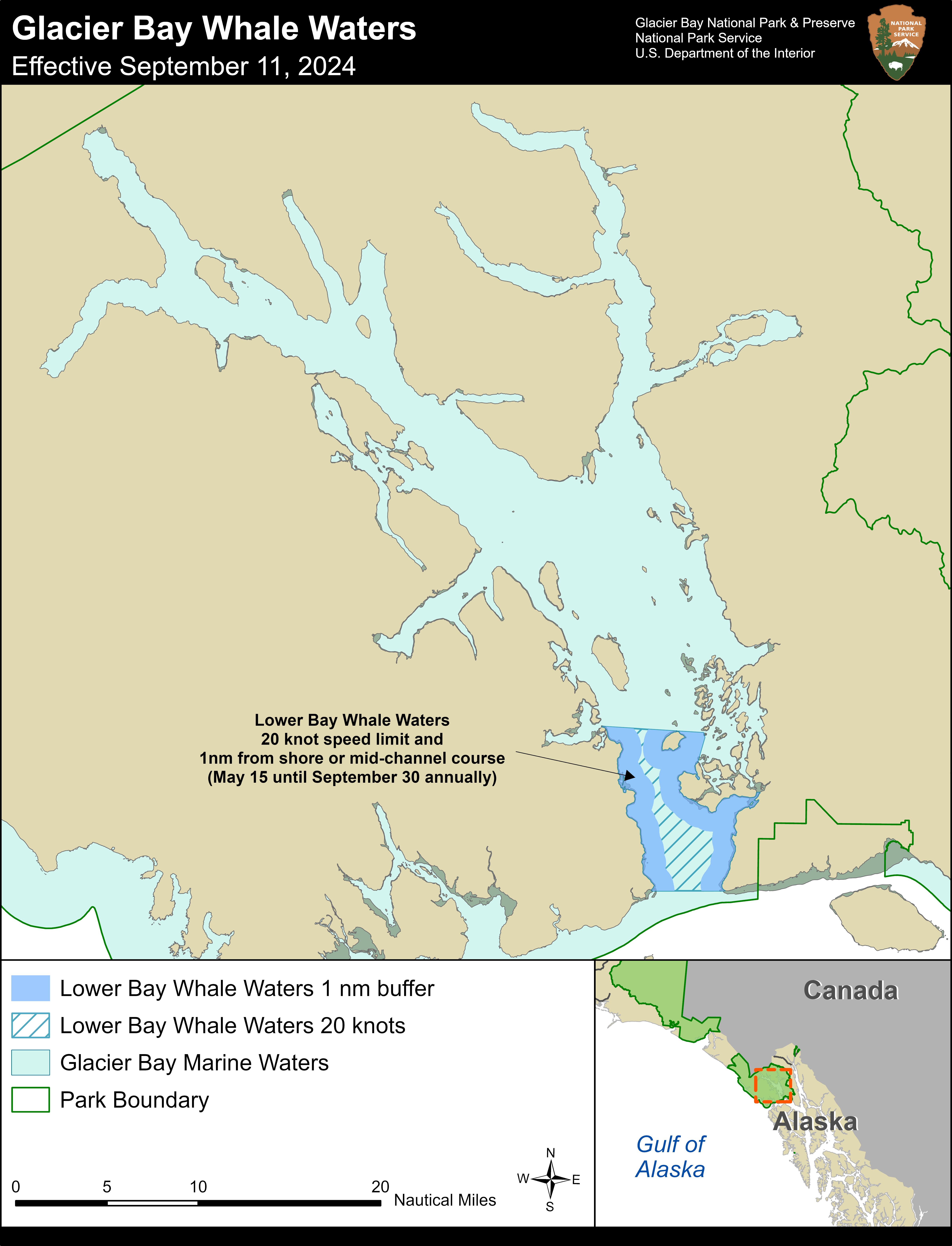 A simple map of Glacier Bay with whale waters restrictions areas highlighted. For full details of this map contact the park at 907-697-2230.