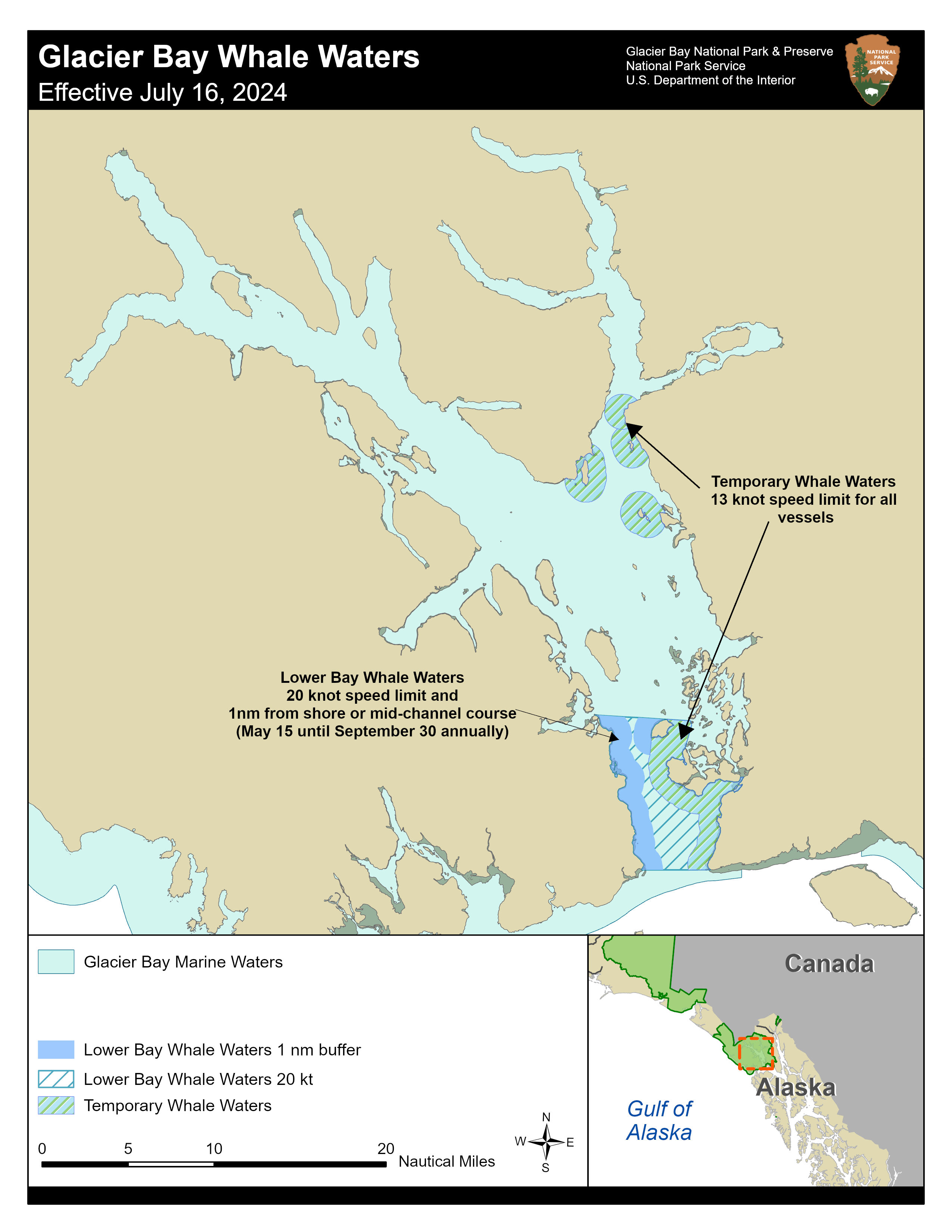 Map of affected whale waters areas in glacier bay where speed limits have been implemented to protect whales. Contact the park for precise details of this map 907-697-2230