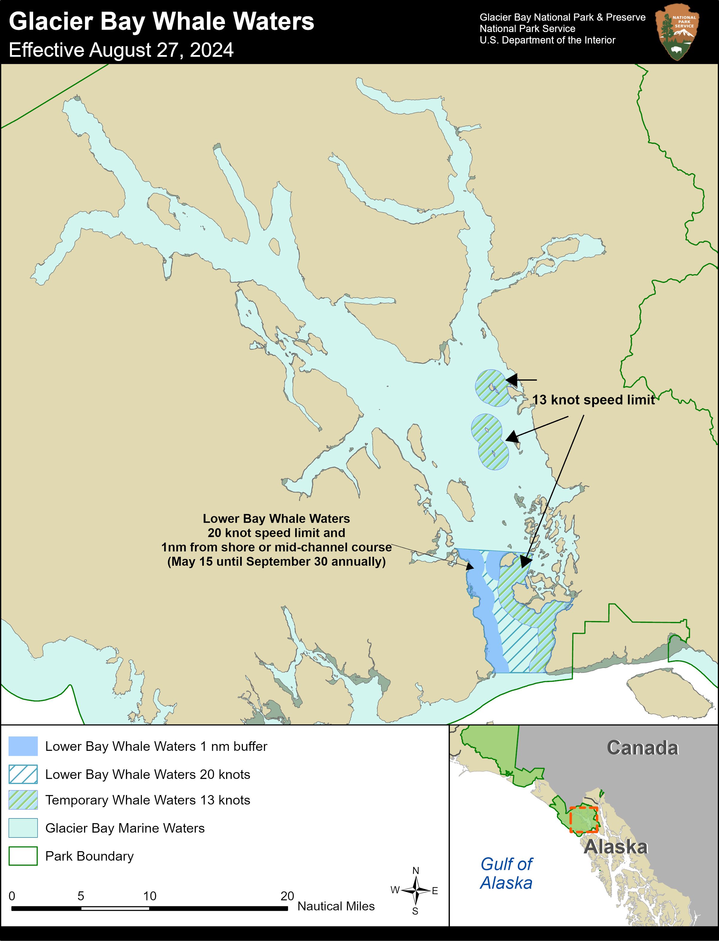 A simple map of Glacier Bay with whale waters restrictions areas highlighted. For full details of this map contact the park at 907-697-2230.