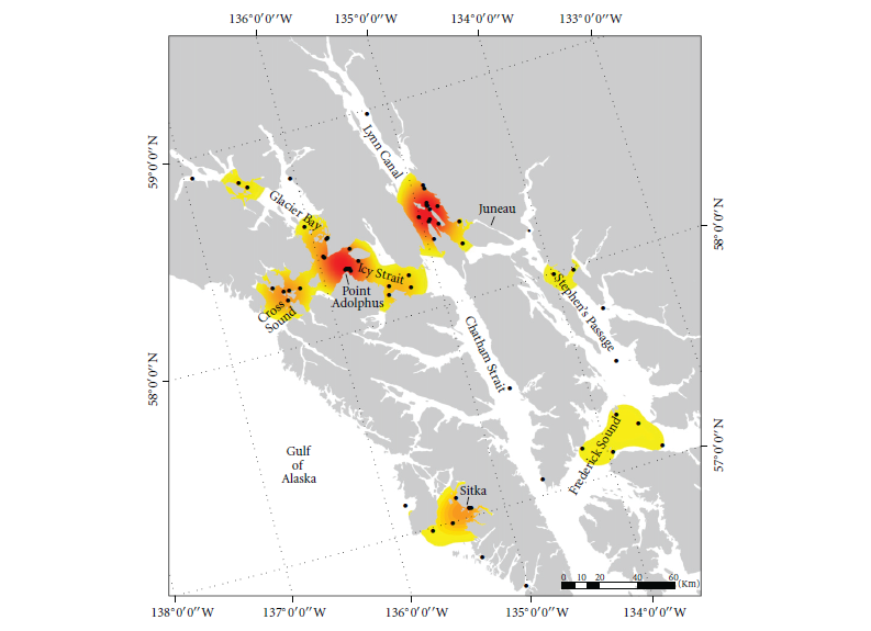 a map of southeast alaska overlaid with a heat map of likely whale collision hot spots.