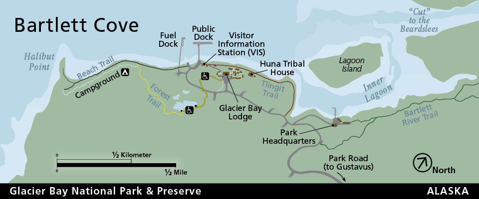 map of the Bartlett Cove developed area within Glacier Bay National Park.