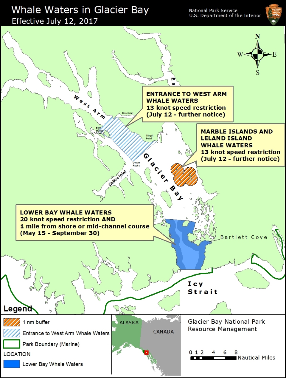 map of whale waters in Glacier Bay July 12, 2017