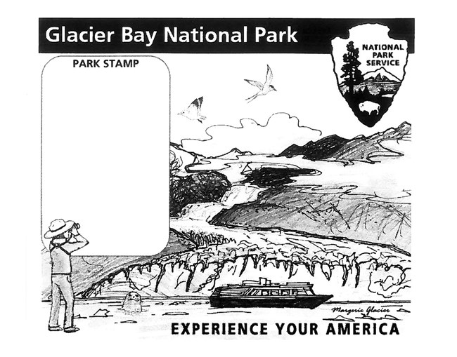 illustration of park ranger looking at margerie glacier, an open area on the illustration reserved for a stamp
