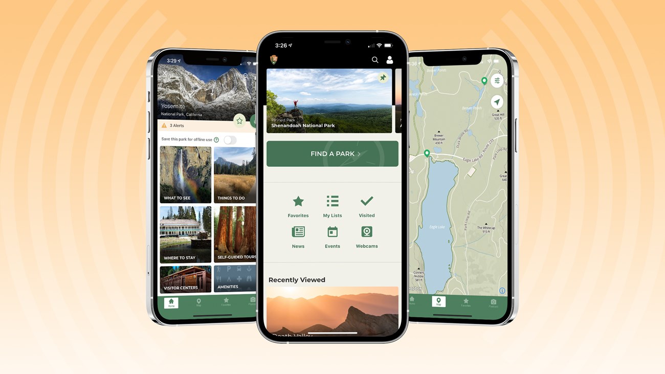 three phones show screens from the NPS mobile app