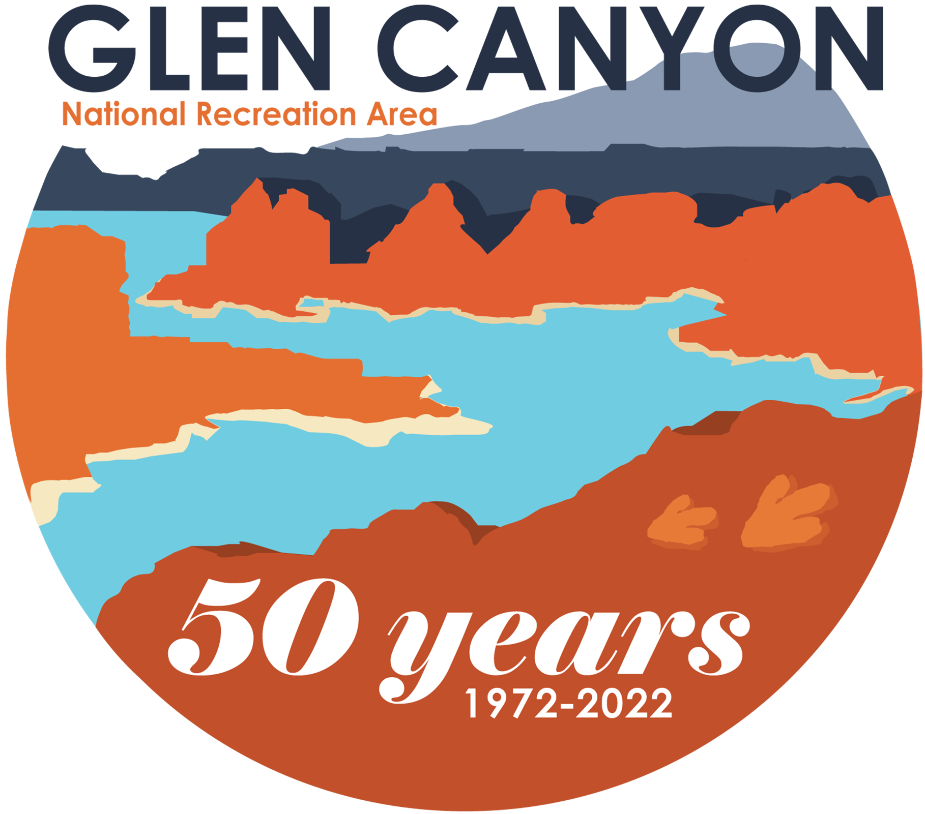 Glen Canyon National Recreation Area 50 Years 1972-2022 logo. Winding blue water between orange/red canyons. Purple mesas and a mountain in the background.