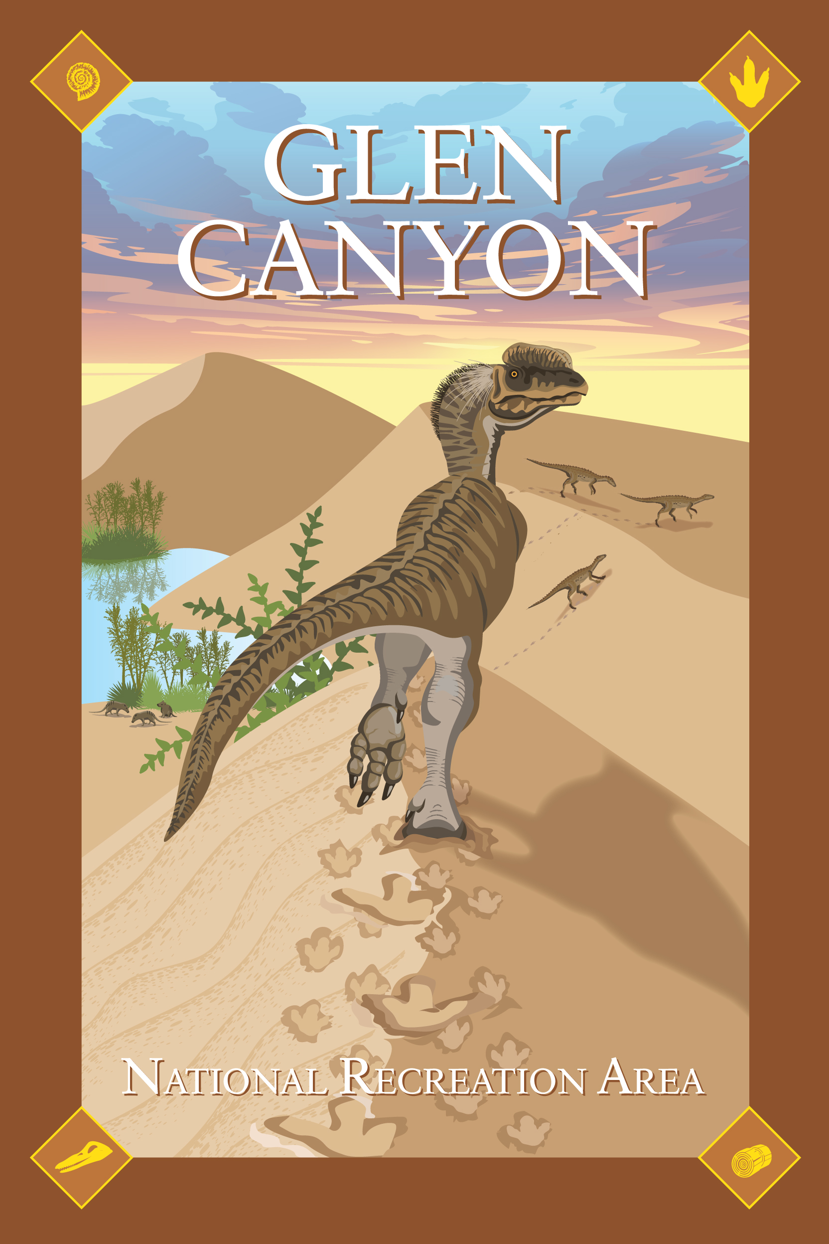 graphic of a three-toed dinosaur running on the sand. In the distance on the right are three small