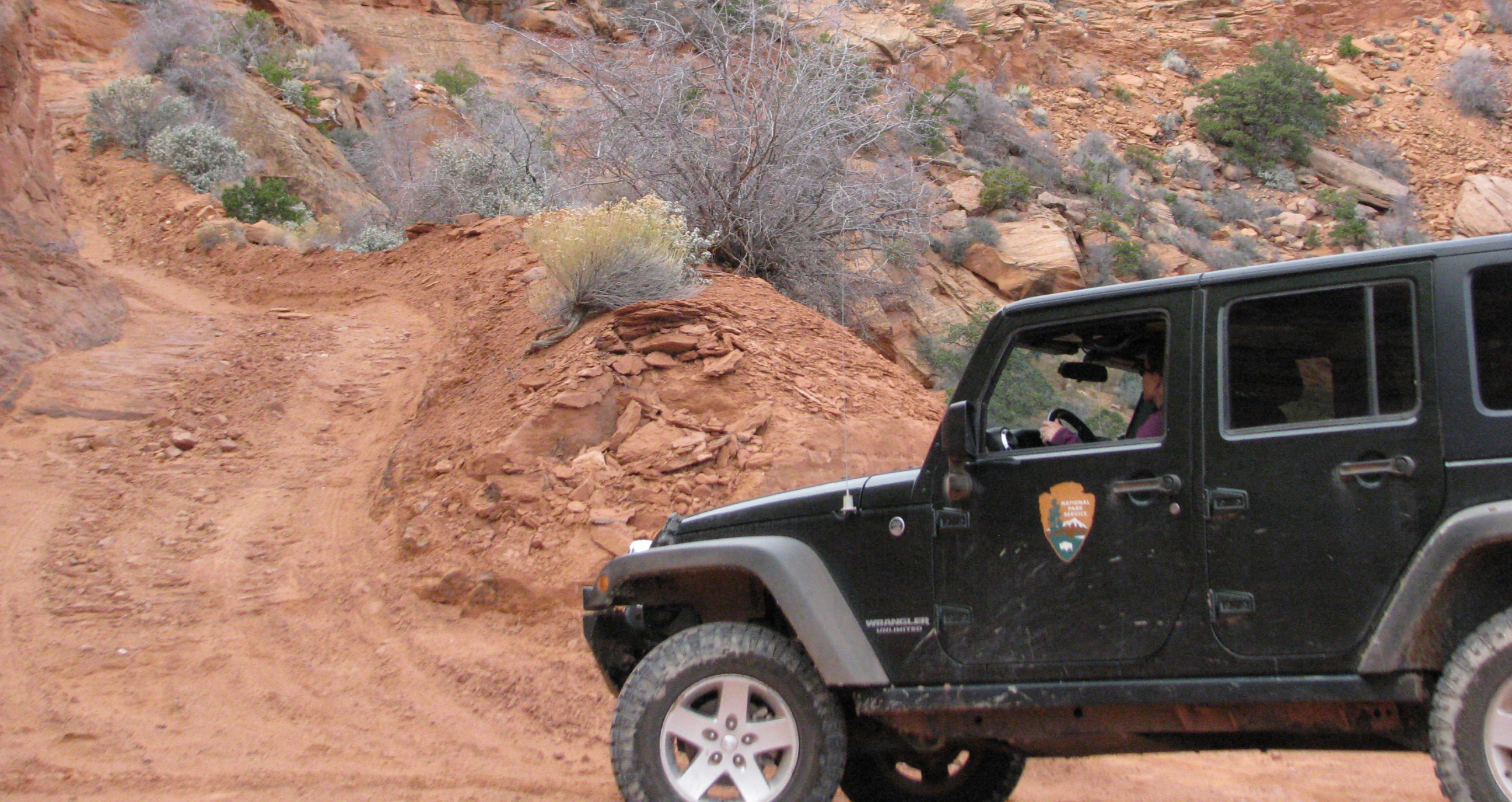 A jeep drives up a sandy road in a rocky canyon.