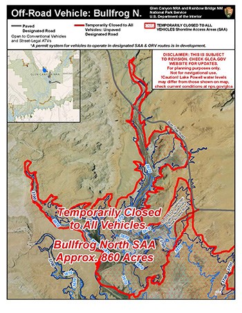 Bullfrog North Shoreline Access Area Map with area outlined in red closed to ORVs.