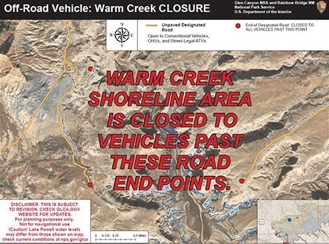 Warm Creek Shoreline Access Area Map with text overlay saying Warm Creek Shoreline Access is closed to all vehicles.
