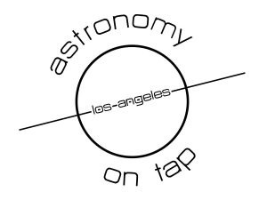 A circle with a line extending through the center of it beyond the edges. On the line is the text "Los Angeles" and around the top and bottom of the circle is the text "Astronomy on Tap"