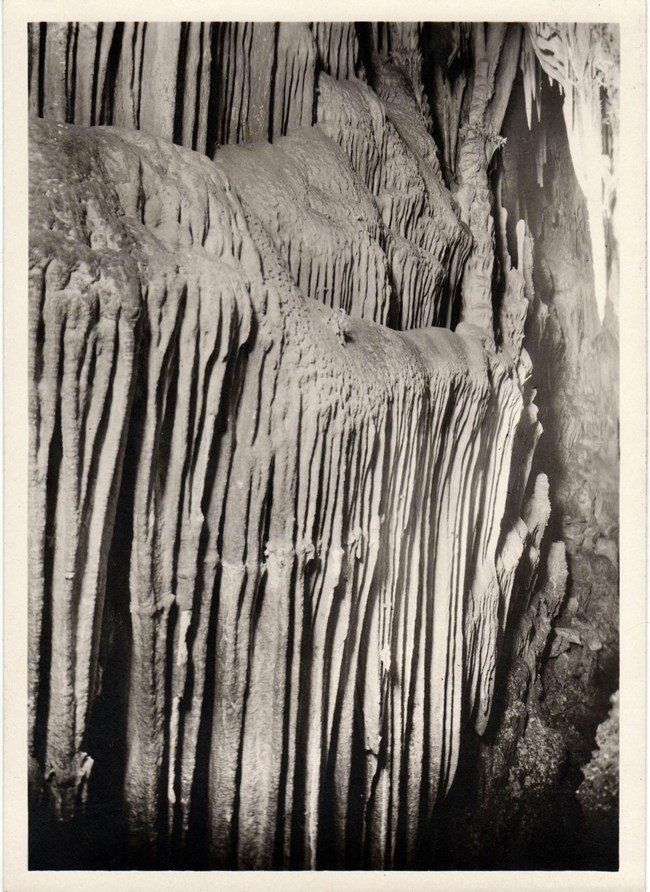 A series of cave draperies in a black and white photo