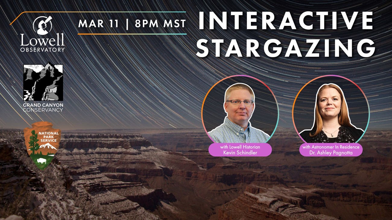 A man and a woman's headshots appear in circles. The words "Interactive Stargazing" appear upper right. The brown walls of Grand Canyon with swirling stars above in the background.