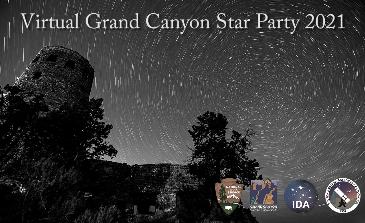 The Desert View Watchtower with a starry-sky backdrop. Title reads 'Grand Canyon Virtual Star Party'