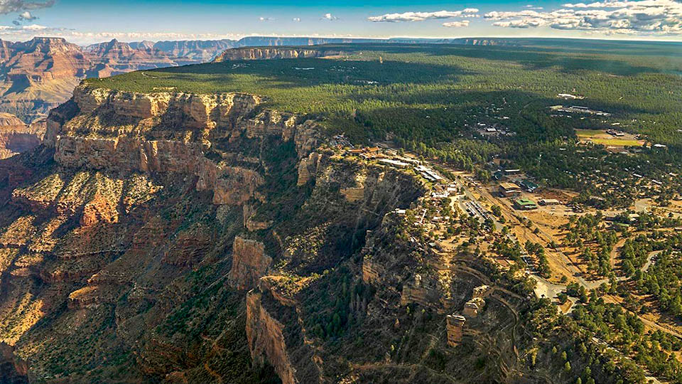 An aerial view of the South Rim Village with a stark canyon landscape