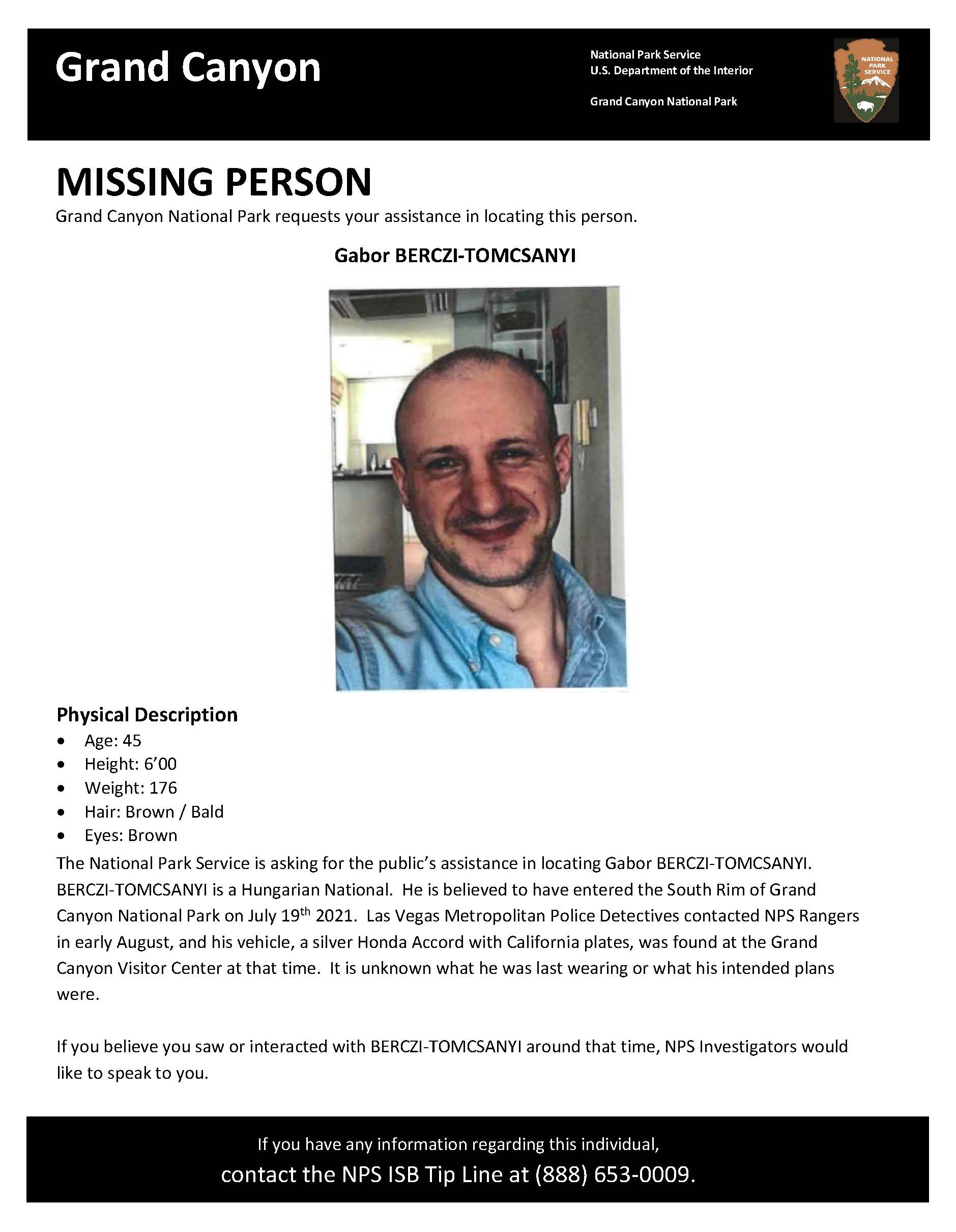Missing Person Flyer describing Berczi-Tomcsanyi