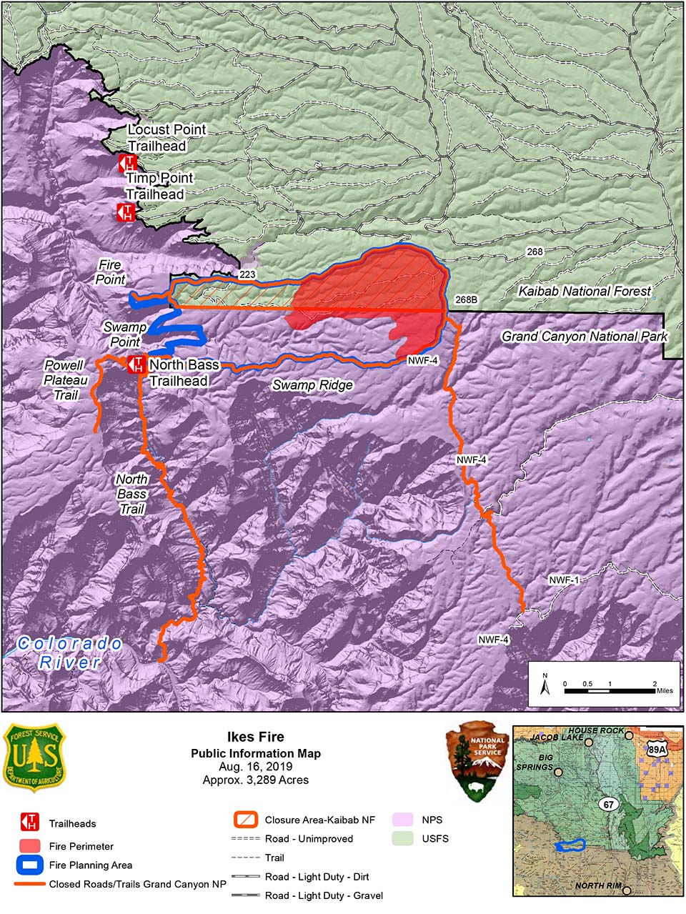 map showing the Ikes Fire containment area and they portions that have been burned, within Grand Canyon National Park and Kaibab Nat. Forest