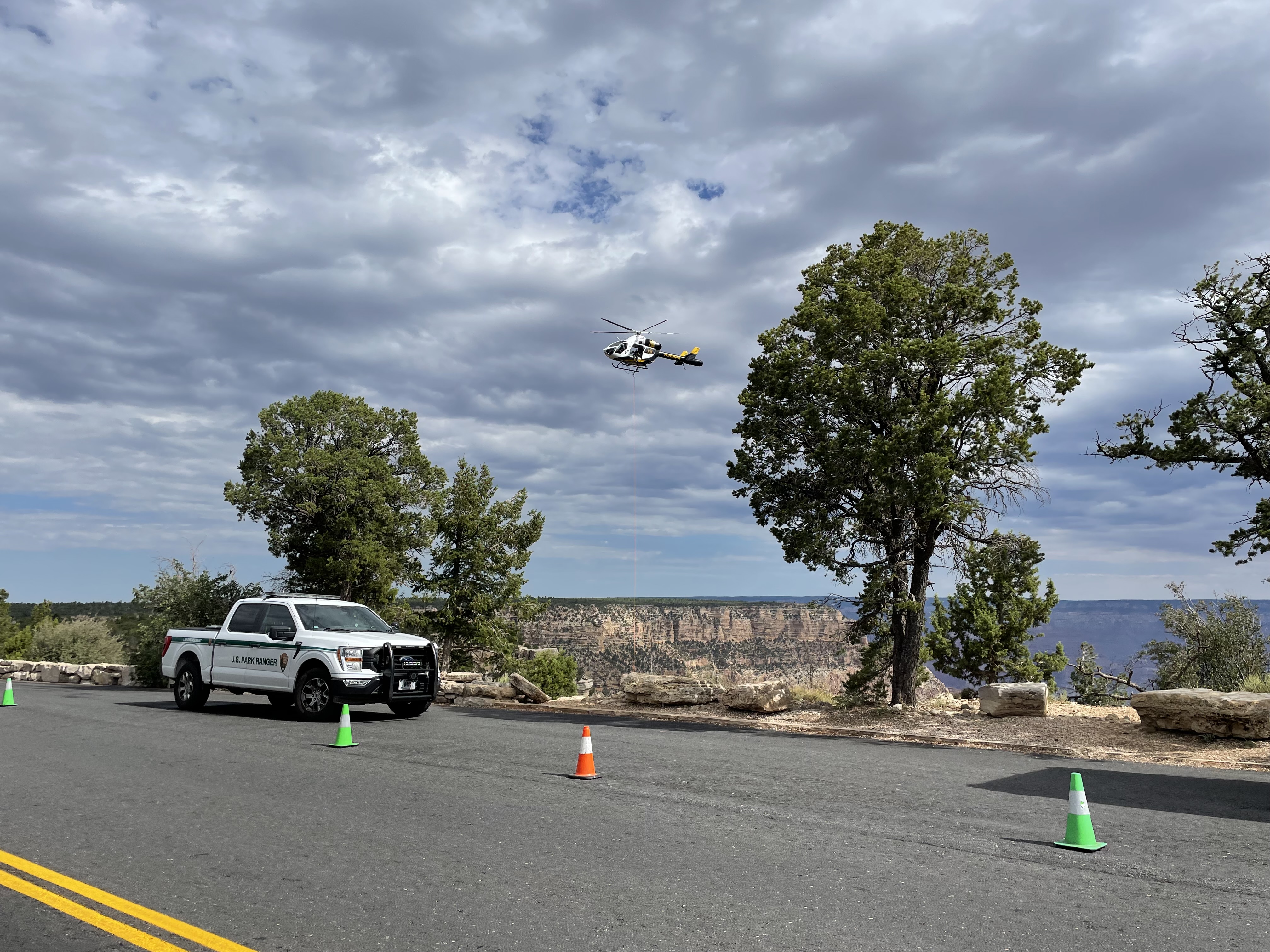 Helicopter and emergency response vehicles at Twin Overlooks